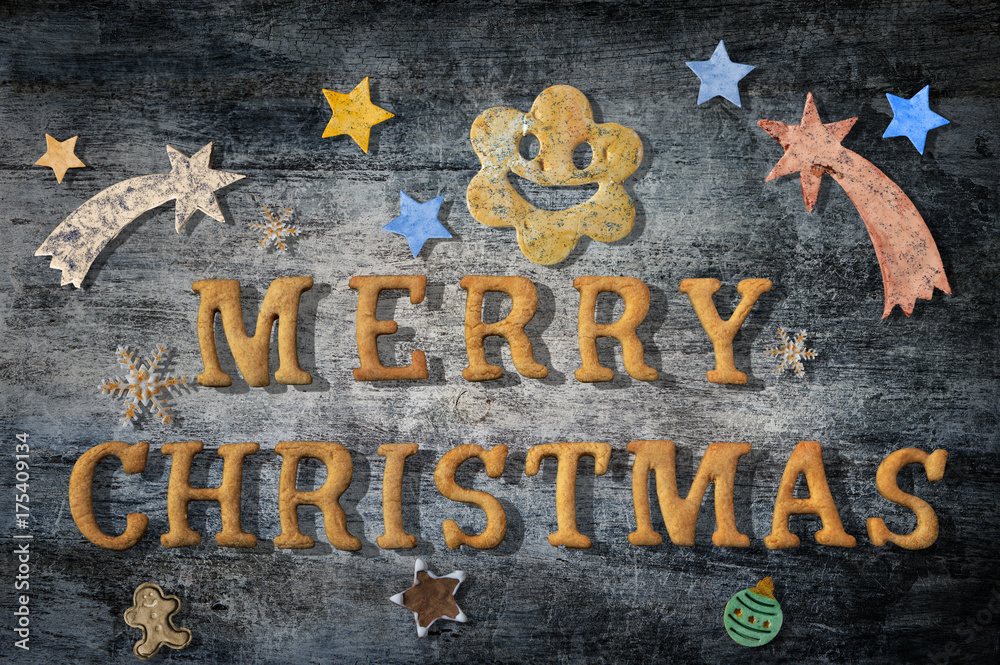 Christmas cookies on wooden table. Merry Christmas Top view on wooden background