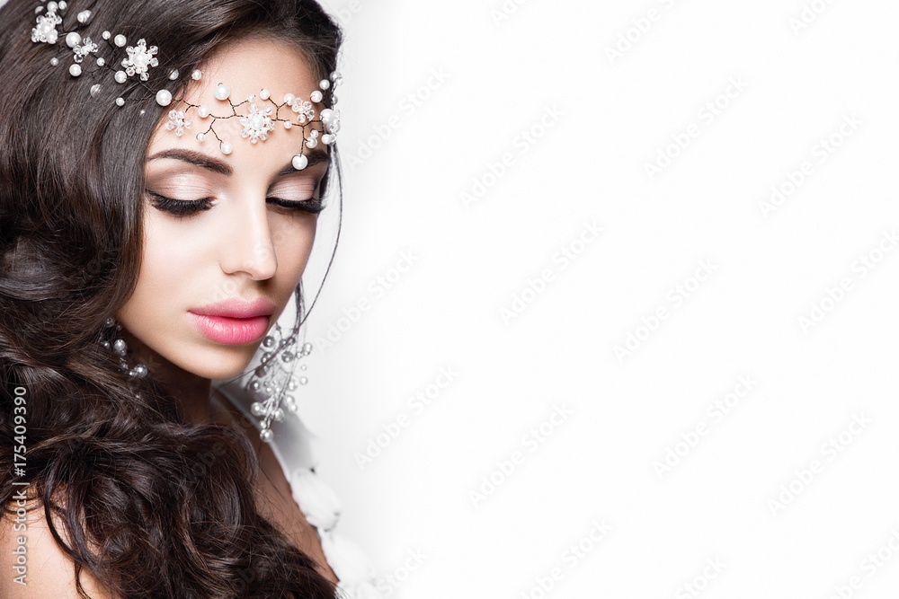 Beautiful woman portrait with jewelry in hair and tender make up. Luxury bride. Beautiful woman portrait with jewelry in hair and tender make up. Luxury bride.