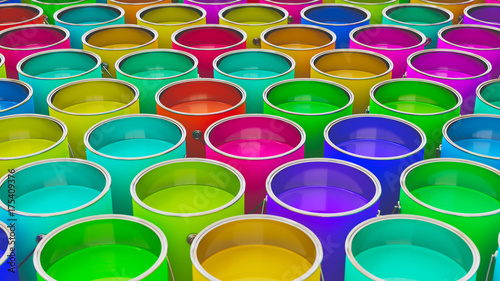 Ordered array of paint cans in various vibrant colors