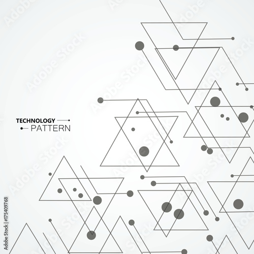 Simple pattern from triangles of lines and black dots, on white background. Designed for use in new technology projects. Simple, minimalistic, abstract background