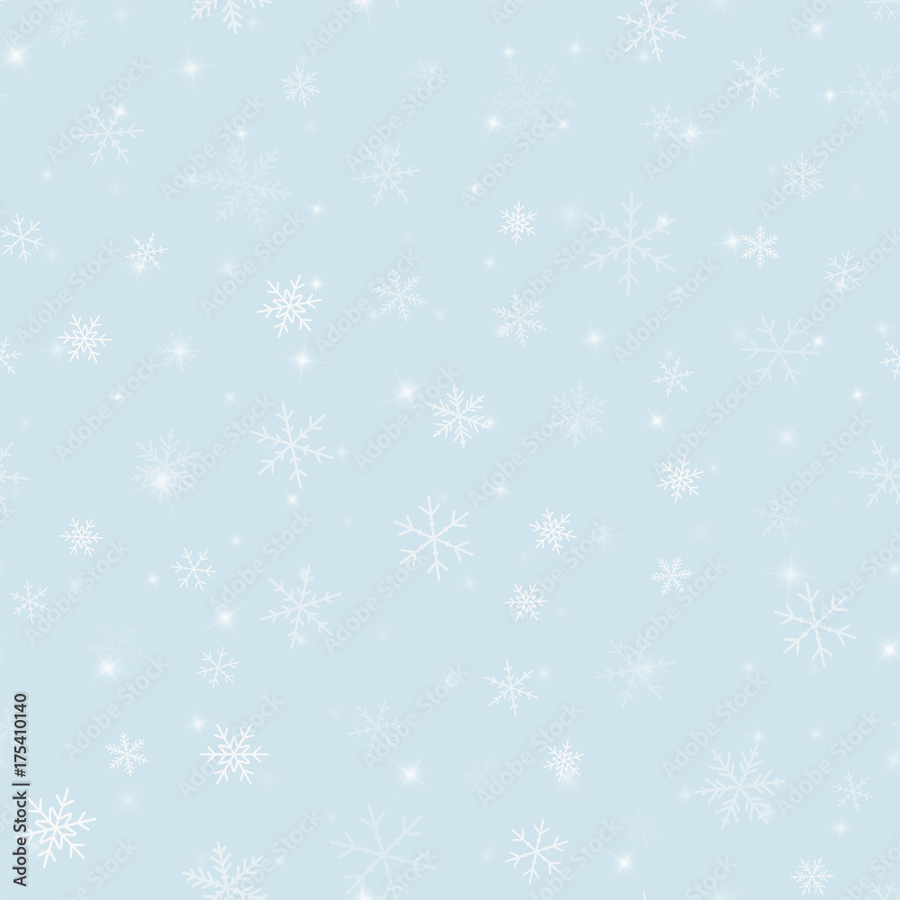 Magic snowflakes seamless pattern on light blue Christmas background. Chaotic scattered magic snowflakes. Shapely Christmas creative pattern. Vector illustration.