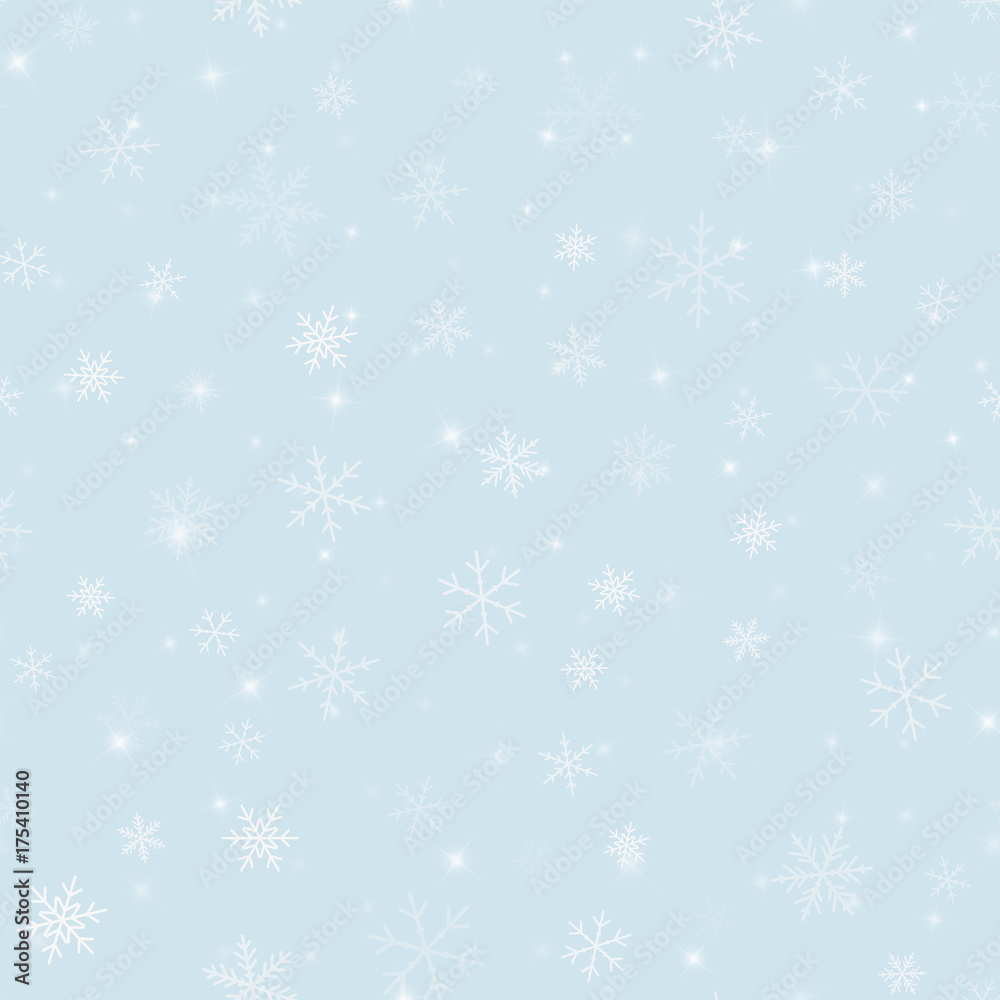 Magic snowflakes seamless pattern on light blue Christmas background. Chaotic scattered magic snowflakes. Shapely Christmas creative pattern. Vector illustration. Magic snowflakes seamless pattern on light blue Christmas background. Chaotic scattered magic snowflakes. Shapely Christmas creative pattern. Vector illustration.