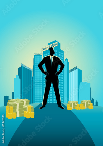Businessman standing in front of commercial buildings and offices