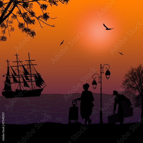 Silhouette of a ship at the sea and travelers people