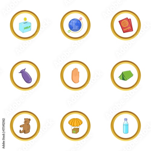 Camp of refugee icons set, cartoon style