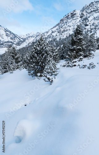 Snow covers a mountainside in Ordino, Andorra
