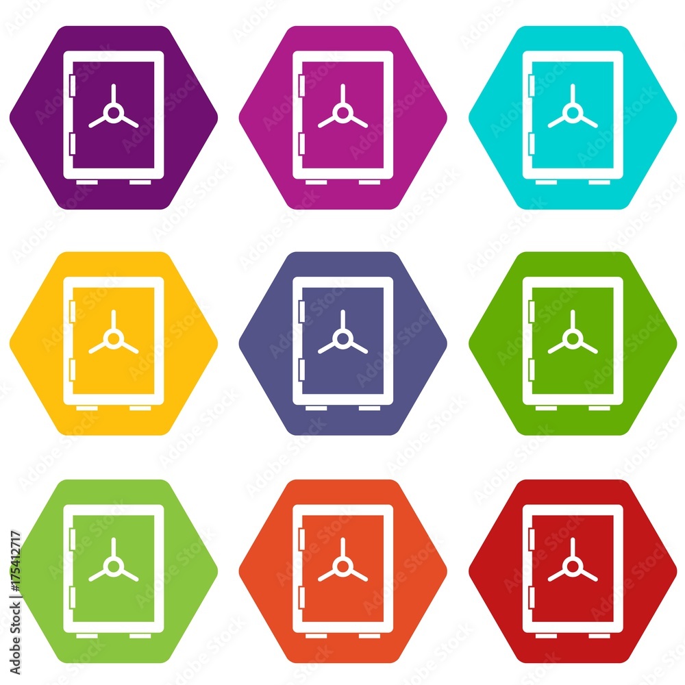 Closed safe icon set color hexahedron Closed safe icon set color hexahedron