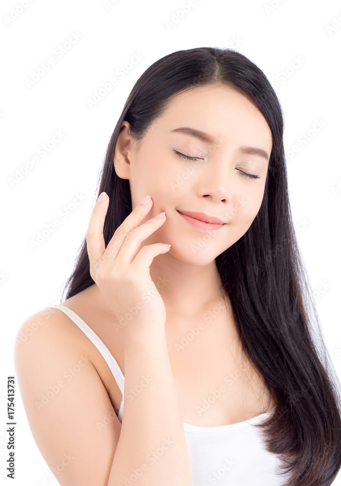 Beautiful girl with makeup, woman and skin care cosmetic concept / attractive beauty asian girl on face with hand touch cheek and smile isolated on white background. Beautiful girl with makeup, woman and skin care cosmetic concept / attractive beauty asian girl on face with hand touch cheek and smile isolated on white background.