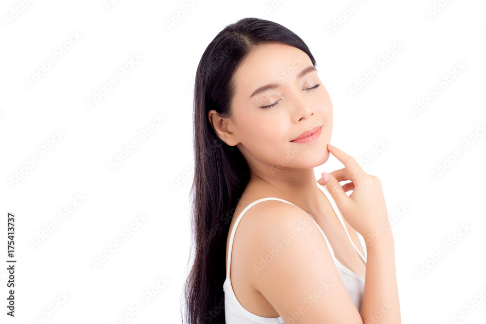 Beautiful girl with makeup, woman and skin care cosmetic concept / attractive beauty asian girl on face with hand touch cheek and smile isolated on white background. Beautiful girl with makeup, woman and skin care cosmetic concept / attractive beauty asian girl on face with hand touch cheek and smile isolated on white background.