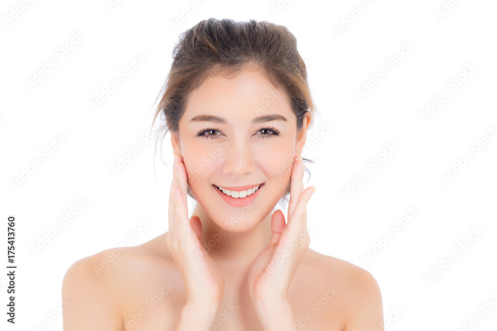 Beautiful girl with makeup, woman and skin care cosmetic concept / attractive beauty asian girl on face with hand touch cheek and smile isolated on white background. Beautiful girl with makeup, woman and skin care cosmetic concept / attractive beauty asian girl on face with hand touch cheek and smile isolated on white background.