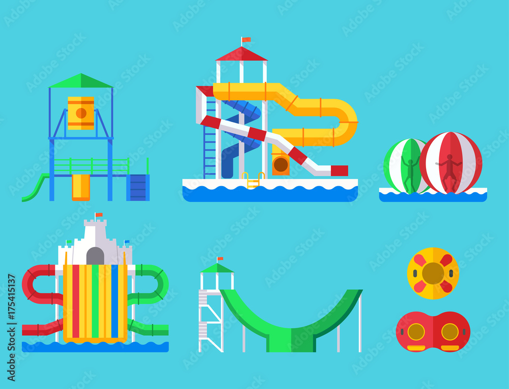 Water aquapark playground with slides and splash pads for family fun vector illustration. Water aquapark playground with slides and splash pads for family fun vector illustration.