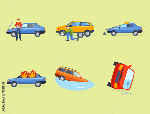 Car crash collision traffic insurance safety automobile emergency disaster and emergency disaster speed repair transport vector illustration.
