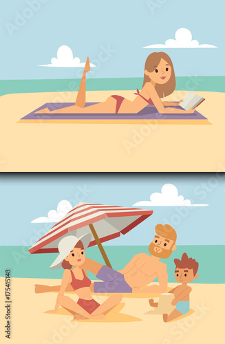 People on beach outdoors, summer lifestyle sunlight fun vacation happy time cartoon characters vector illustration. © Vectorvstocker