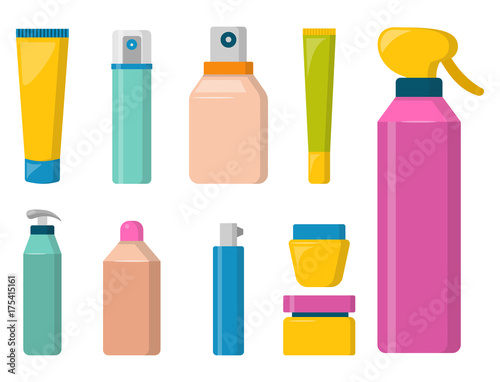 Bottles of cosmetic cosmetology lotion makeup beauty plastic liquid cream container fluid pack vector illustration.