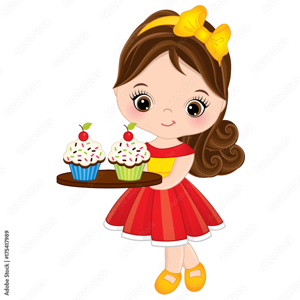 Vector Cute Little Girl Holding Tray with Cupcakes Vector Cute Little Girl Holding Tray with Cupcakes