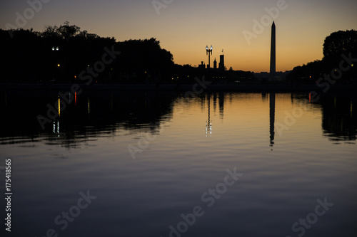 Sun set behind the Washington Monument on the National Mall in Washington District of Columbia