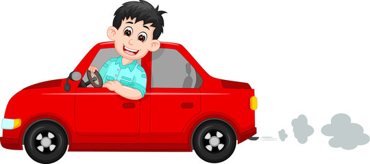 handsome driver cartoon up red car