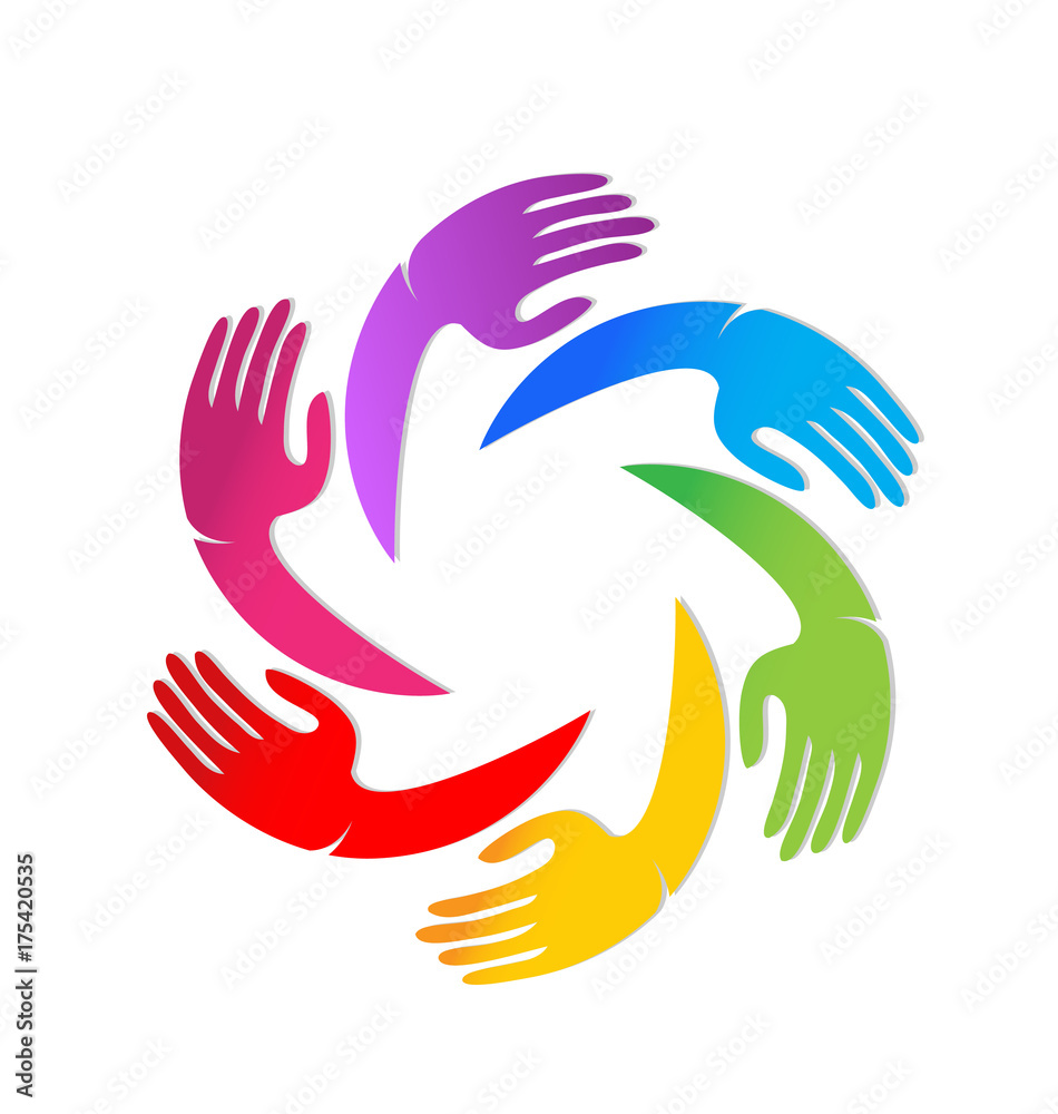 Obraz premium Diverse colorful hands coming together, vector icon