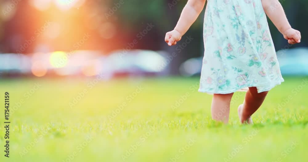 Little baby learns to walk. First Steps. Close Up. SLOW MOTION 120 fps, 4K. Toddler walking and running on a green grass, sunny morning or evening. Happy childhood concept. Lens Flare. Little baby learns to walk. First Steps. Close Up. SLOW MOTION 120 fps, 4K. Toddler walking and running on a green grass, sunny morning or evening. Happy childhood concept. Lens Flare.