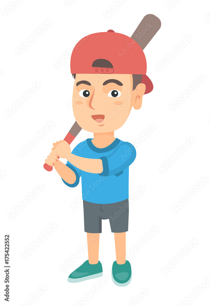 Young caucasian boy playing baseball. Happy smiling baseball player holding a wooden baseball bat. Little softball player. Vector sketch cartoon illustration isolated on white background. Young caucasian boy playing baseball. Happy smiling baseball player holding a wooden baseball bat. Little softball player. Vector sketch cartoon illustration isolated on white background.