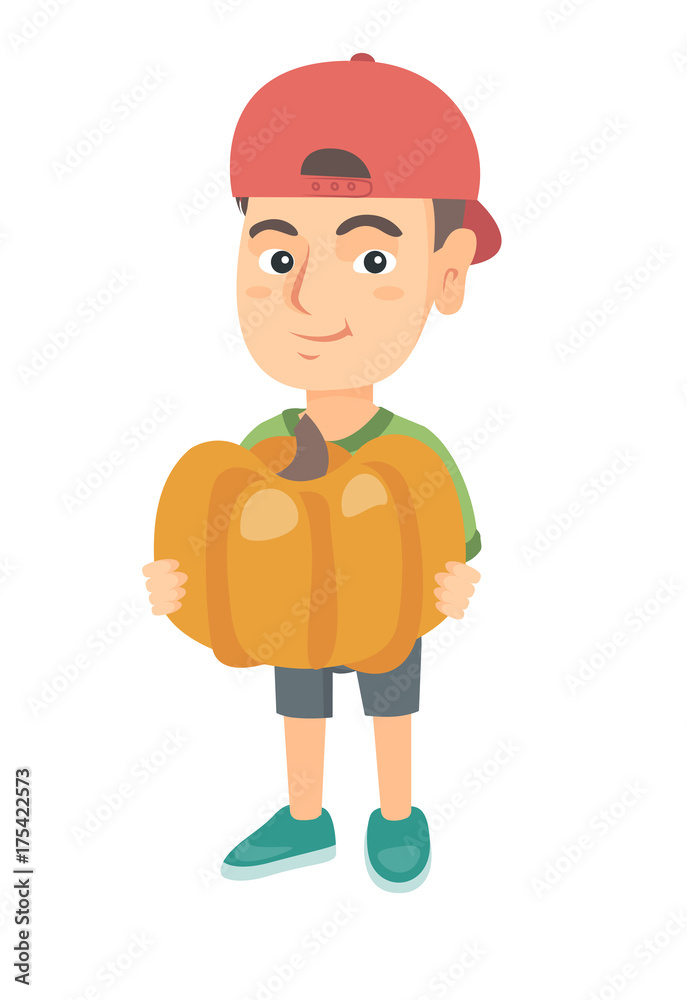 Cheerful caucasian boy standing with a big orange pumpkin in hands. Happy smiling boy picking a pumpkin for Halloween. Vector sketch cartoon illustration isolated on white background.