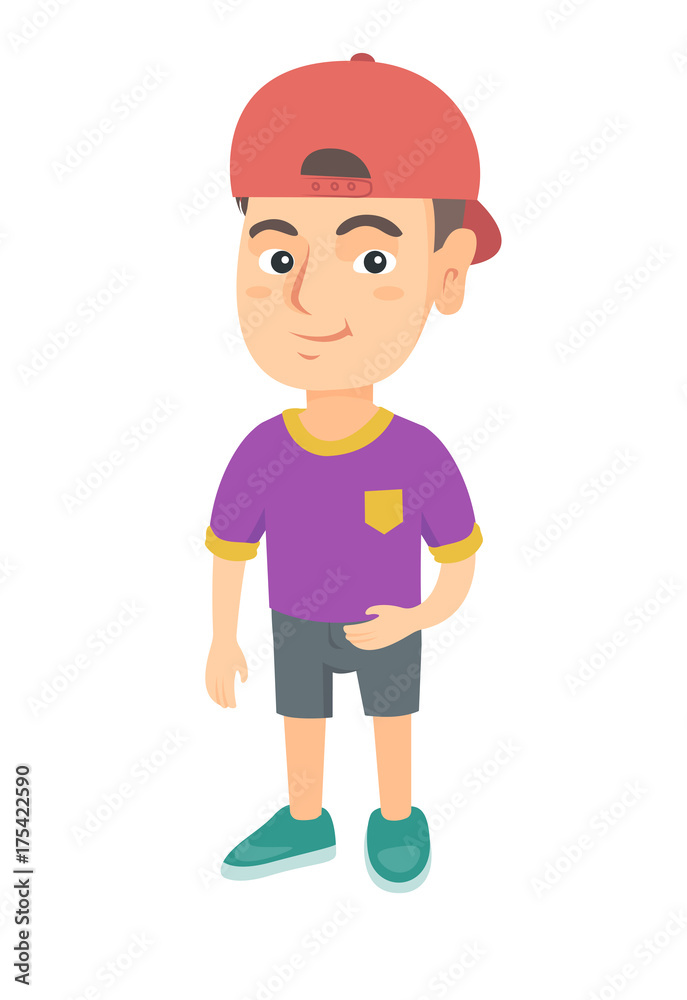 Smiling little caucasian kid boy in a ball cap. Full length of happy smiling boy in a ball cap. Vector sketch cartoon illustration isolated on white background. Smiling little caucasian kid boy in a ball cap. Full length of happy smiling boy in a ball cap. Vector sketch cartoon illustration isolated on white background.