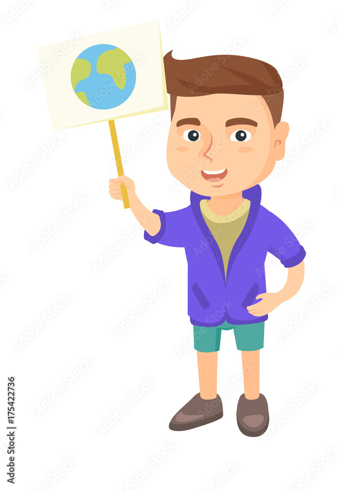 Caucasian boy holding a placard with planet. Full length of eco-friendly little boy with a placard with earth at the rally. Vector sketch cartoon illustration isolated on white background. Caucasian boy holding a placard with planet. Full length of eco-friendly little boy with a placard with earth at the rally. Vector sketch cartoon illustration isolated on white background.