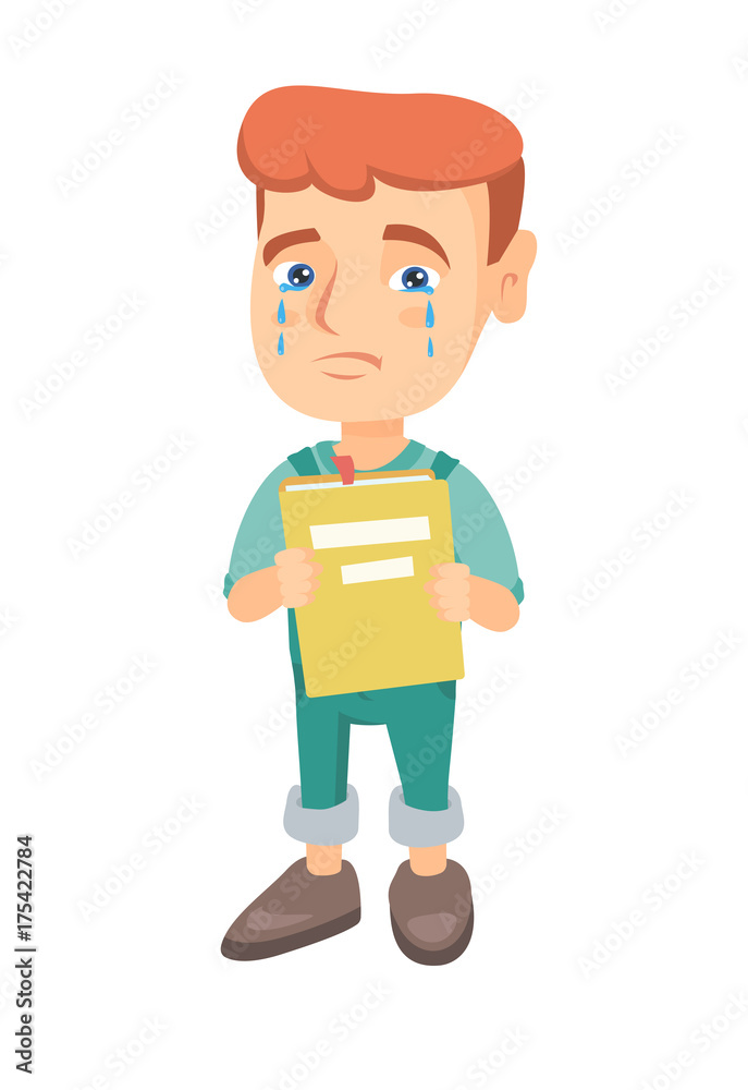 Caucasian upset little boy shedding tears and showing book. Sad boy crying and holding book in hands. Vector sketch cartoon illustration isolated on white background. Caucasian upset little boy shedding tears and showing book. Sad boy crying and holding book in hands. Vector sketch cartoon illustration isolated on white background.