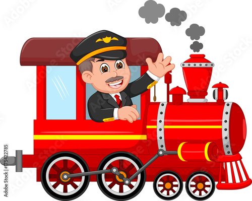 handsome machinist cartoon up train with thumb up