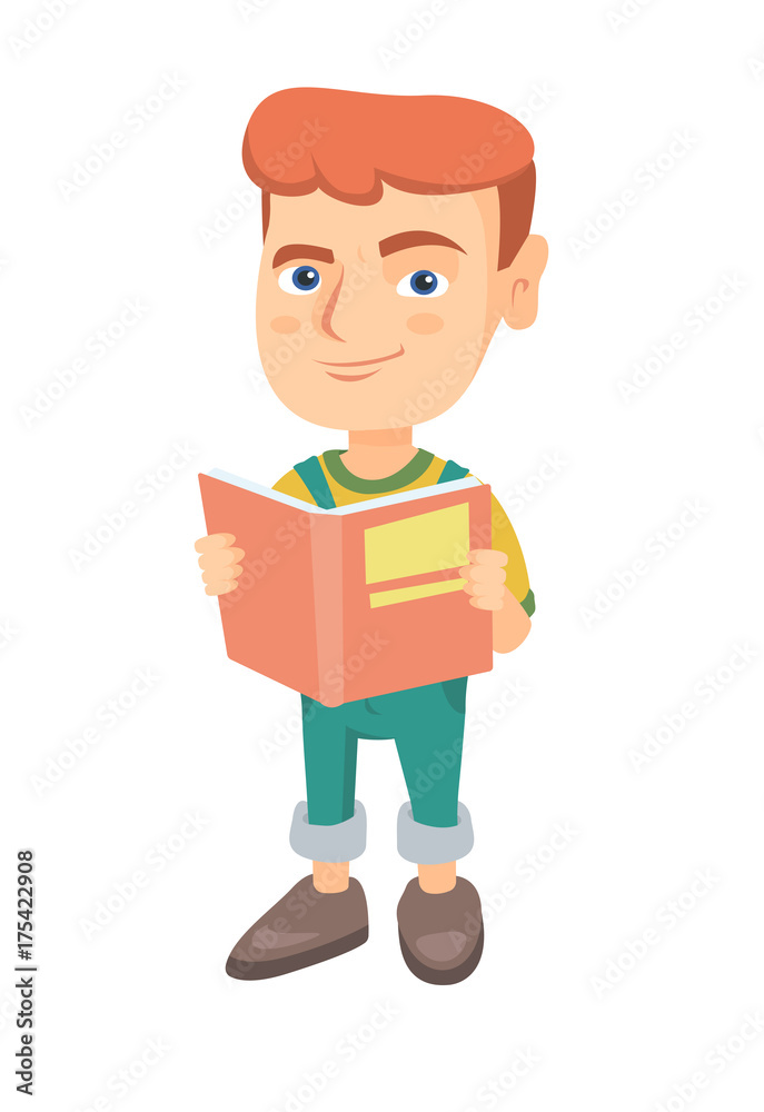 Little caucasian schoolboy reading a book. Smiling schoolboy holding a story book in hands. Concept of education. Vector sketch cartoon illustration isolated on white background.