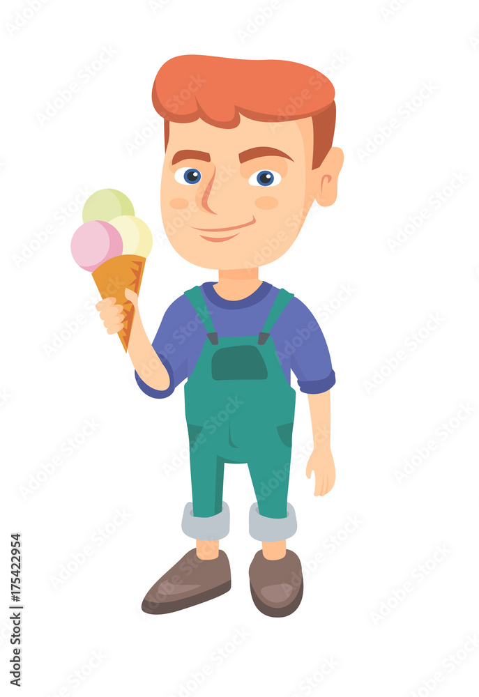 Little caucasian boy holding an ice cream cone. Cheerful boy eating a delicious ice cream cone. Vector sketch cartoon illustration isolated on white background. Little caucasian boy holding an ice cream cone. Cheerful boy eating a delicious ice cream cone. Vector sketch cartoon illustration isolated on white background.