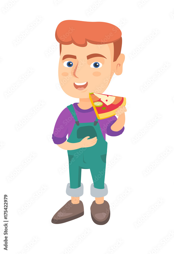 Cheerful caucasian boy eating tasty pizza. Full length of little boy holding a piece of pizza in hand and stroking his belly. Vector sketch cartoon illustration isolated on white background