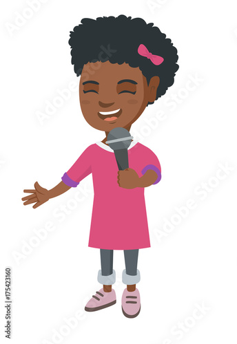 African-american little girl singing into a microphone. Smiling happy girl singing with a microphone. Girl holding a microphone. Vector sketch cartoon illustration isolated on white background.