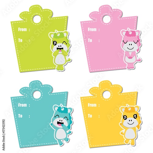 Cute unicorn girls on birthday gift frame vector cartoon illustration for birthday gift tag design, label tag and sticker set design
