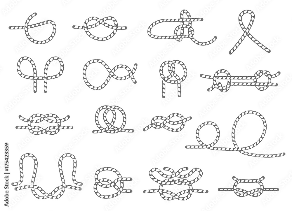 Nautical rope knot icons set. Hammock, slipknot, overhand, figure eight and another marine sailing knots. Seamless decorative design element, creative handmade isolated vector illustration