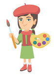 Caucasian girl dressed as an artist holding brush and paints. Little artist wearing hat and scarf and drawing with paints and brush. Vector sketch cartoon illustration isolated on white background.