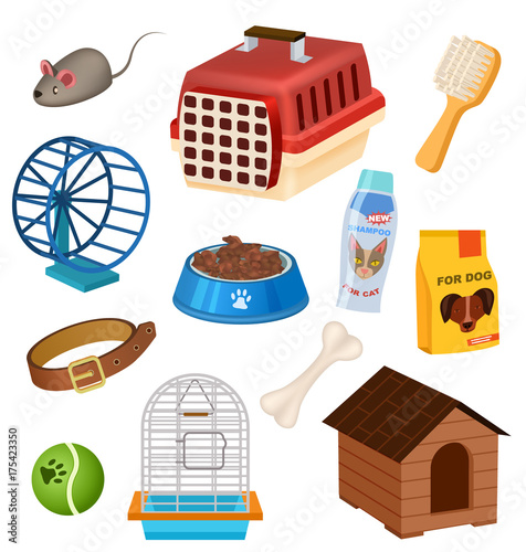 Pet shop icons set in cartoon style. Doghouse, collar, grooming brush, carrying case, preserved food, bowl, pet toys, bone elements. Pet store symbols, vet care accessories vector illustrations set.