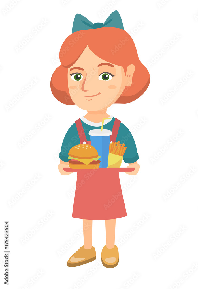 Little caucasian girl holding a tray with fast food. Smiling girl eating cheeseburger with french fries and soda. Vector sketch cartoon illustration isolated on white background. Little caucasian girl holding a tray with fast food. Smiling girl eating cheeseburger with french fries and soda. Vector sketch cartoon illustration isolated on white background.
