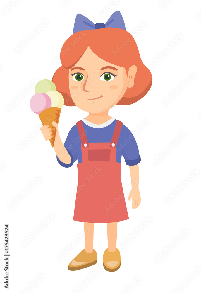 Little caucasian girl holding an ice cream cone. Cheerful girl eating a delicious ice cream cone. Vector sketch cartoon illustration isolated on white background. Little caucasian girl holding an ice cream cone. Cheerful girl eating a delicious ice cream cone. Vector sketch cartoon illustration isolated on white background.