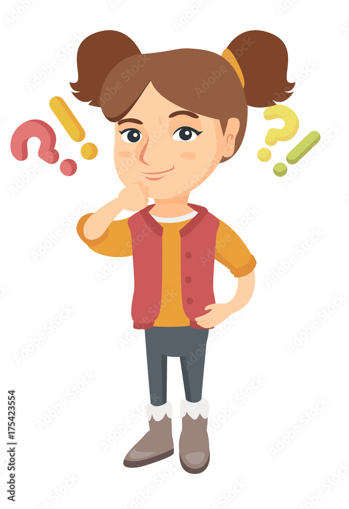 Caucasian girl standing under question marks and exclamation points. Pensive girl thinking with question and exclamation marks overhead. Vector sketch cartoon illustration isolated on white background