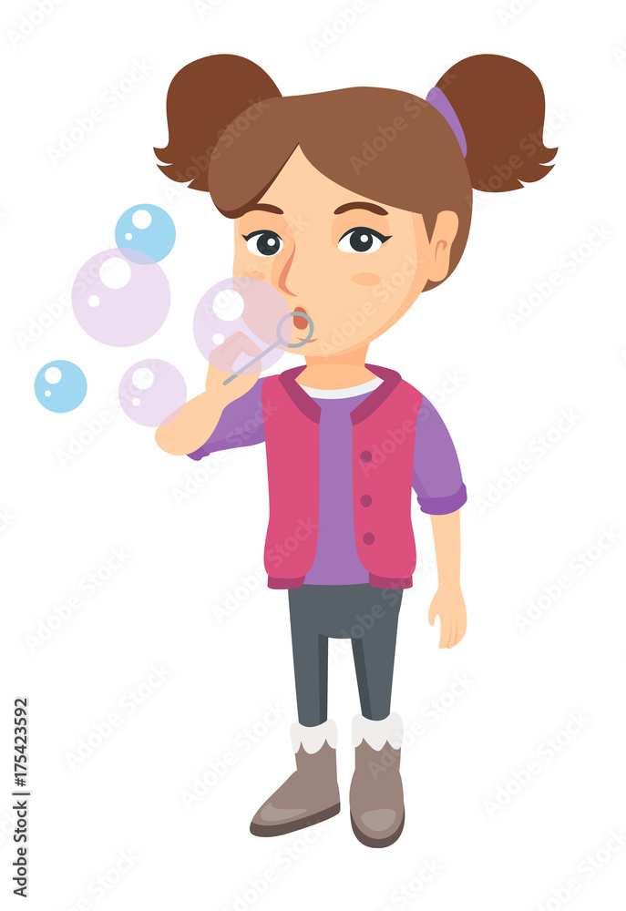 Little caucasian girl blowing soap bubbles. Girl making soap bubbles. Girl playing with soap bubbles. Vector sketch cartoon illustration isolated on white background.
