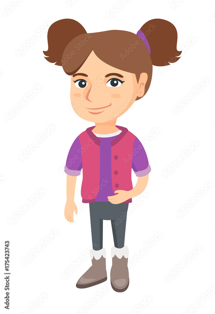 Smiling little caucasian kid girl in a dress. Full length of happy smiling kid girl. Vector sketch cartoon illustration isolated on white background. Smiling little caucasian kid girl in a dress. Full length of happy smiling kid girl. Vector sketch cartoon illustration isolated on white background.