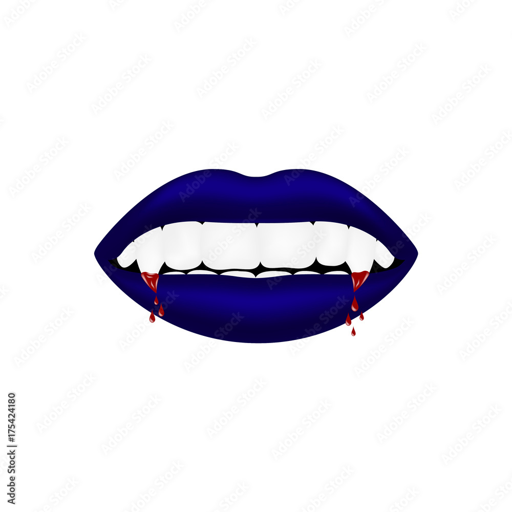 Vampire mouth in dark blue design with bloody teeth