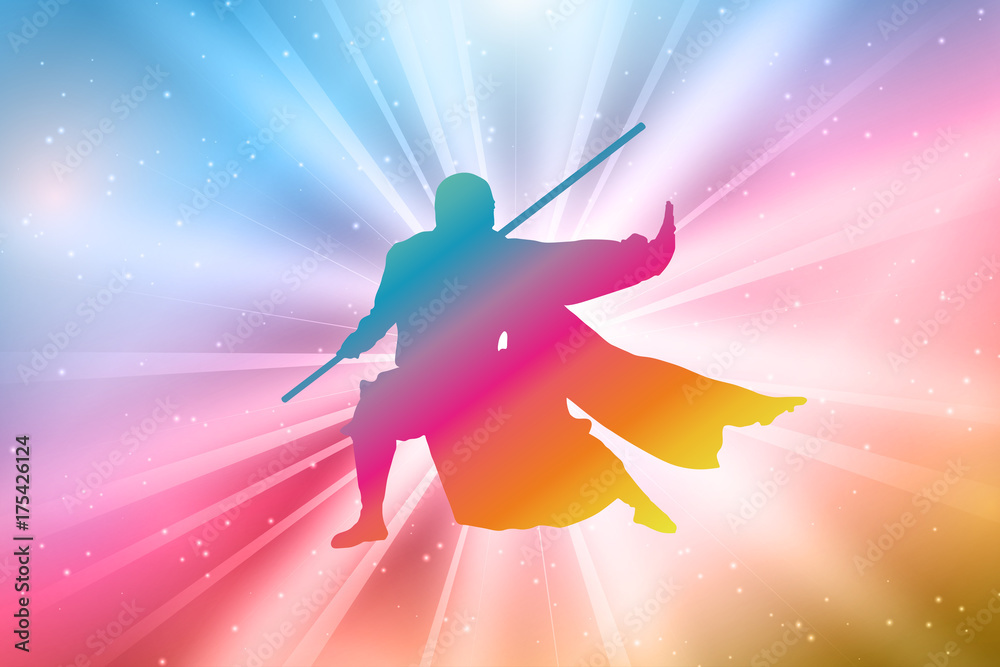 Naklejka premium Kung Fu Master Silhouettes, Colorful, Rainbow 