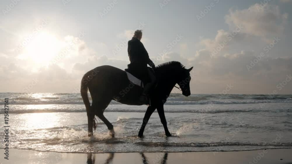 Middle aged woman with short haircut is carefully riding black horse on the seashore. Slow motion. Autumn sunrise or sunset on sea beach. Beautiful scene. Middle aged woman with short haircut is carefully riding black horse on the seashore. Slow motion. Autumn sunrise or sunset on sea beach. Beautiful scene.