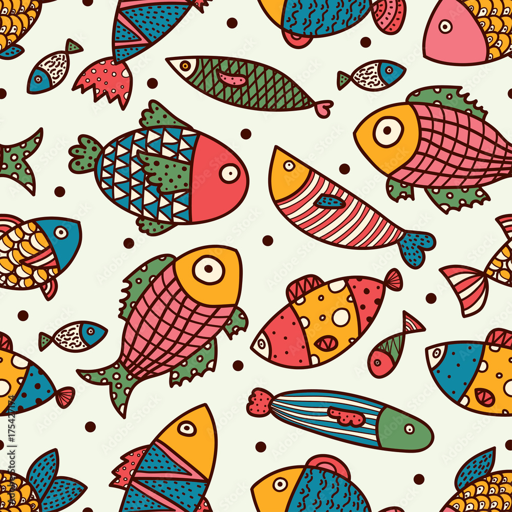 Colorful fish.  Seamless pattern with cute fish. Sea background.