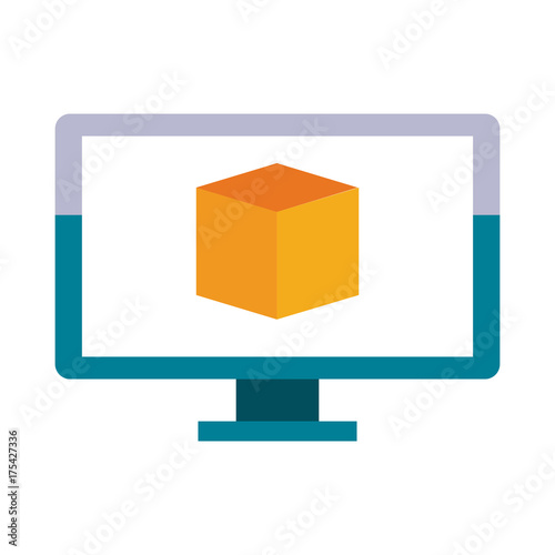 computer with cube on screen icon image vector illustration design 