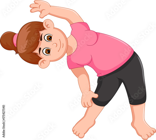 cute woman cartoon practicing yoga sport body titled