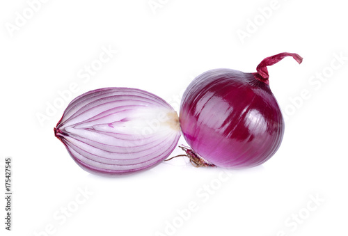 whole and half cut fresh shallot or red onion on white background
