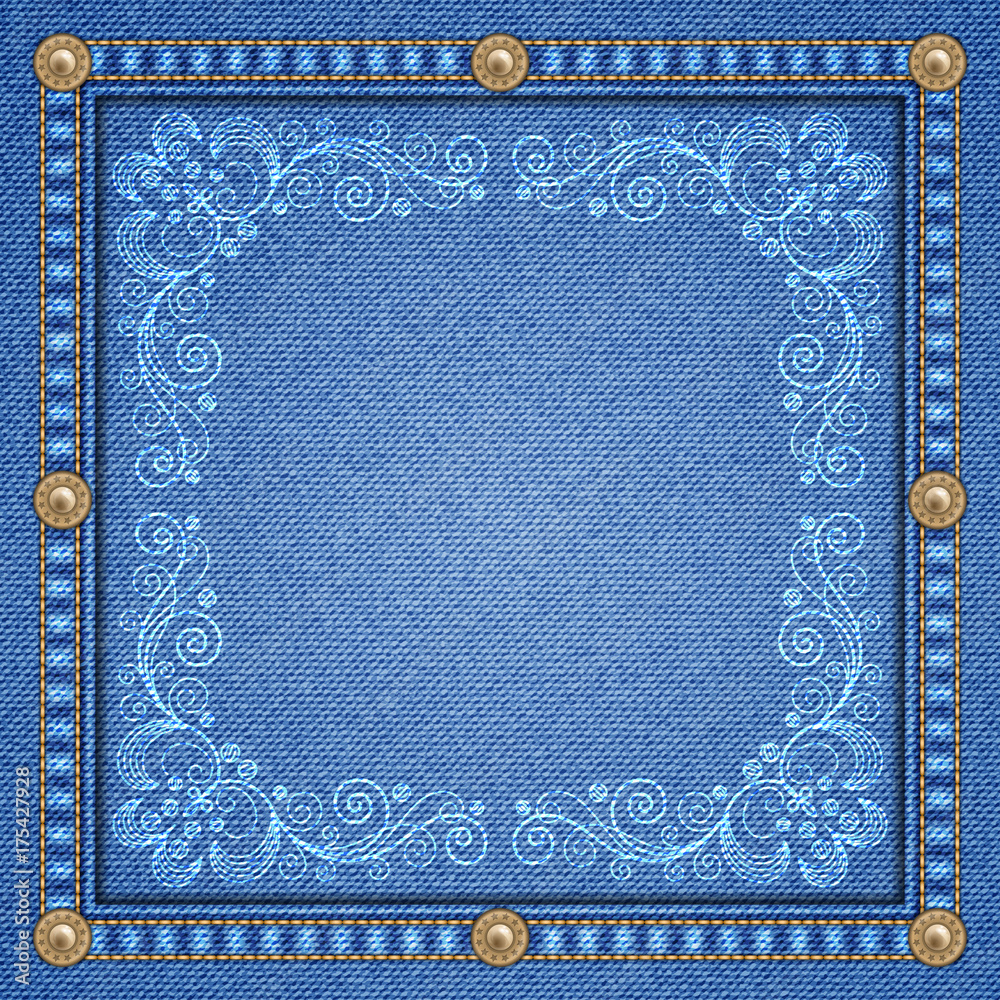 Denim background with decorative seams and rivets and floral ornament. Vector Illustration